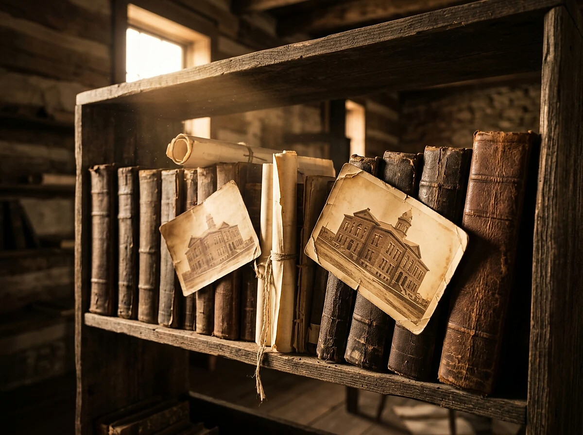 Old wooden shelf holding worn ledgers, rolled documents, and sepia photographs of a historic Tombstone building