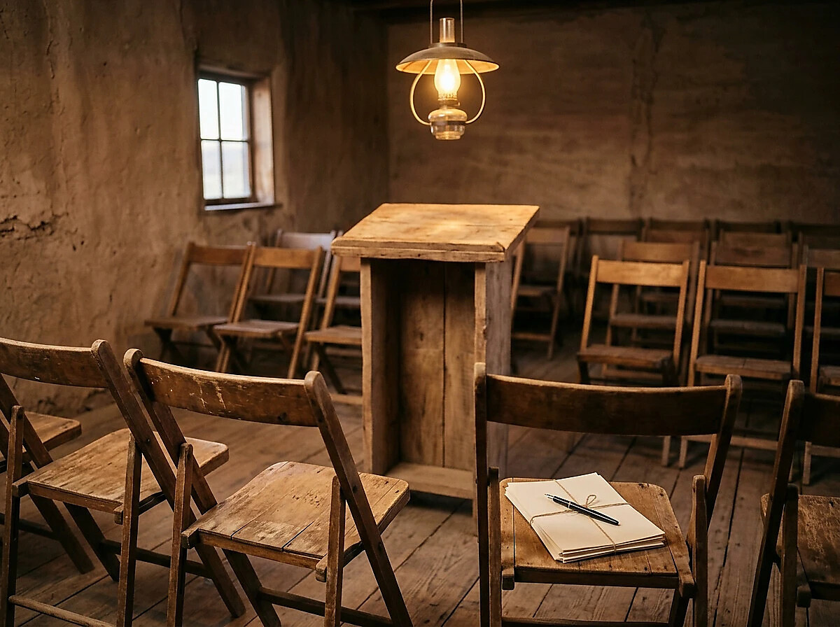 Empty historic meeting room with rows of wooden chairs facing a podium