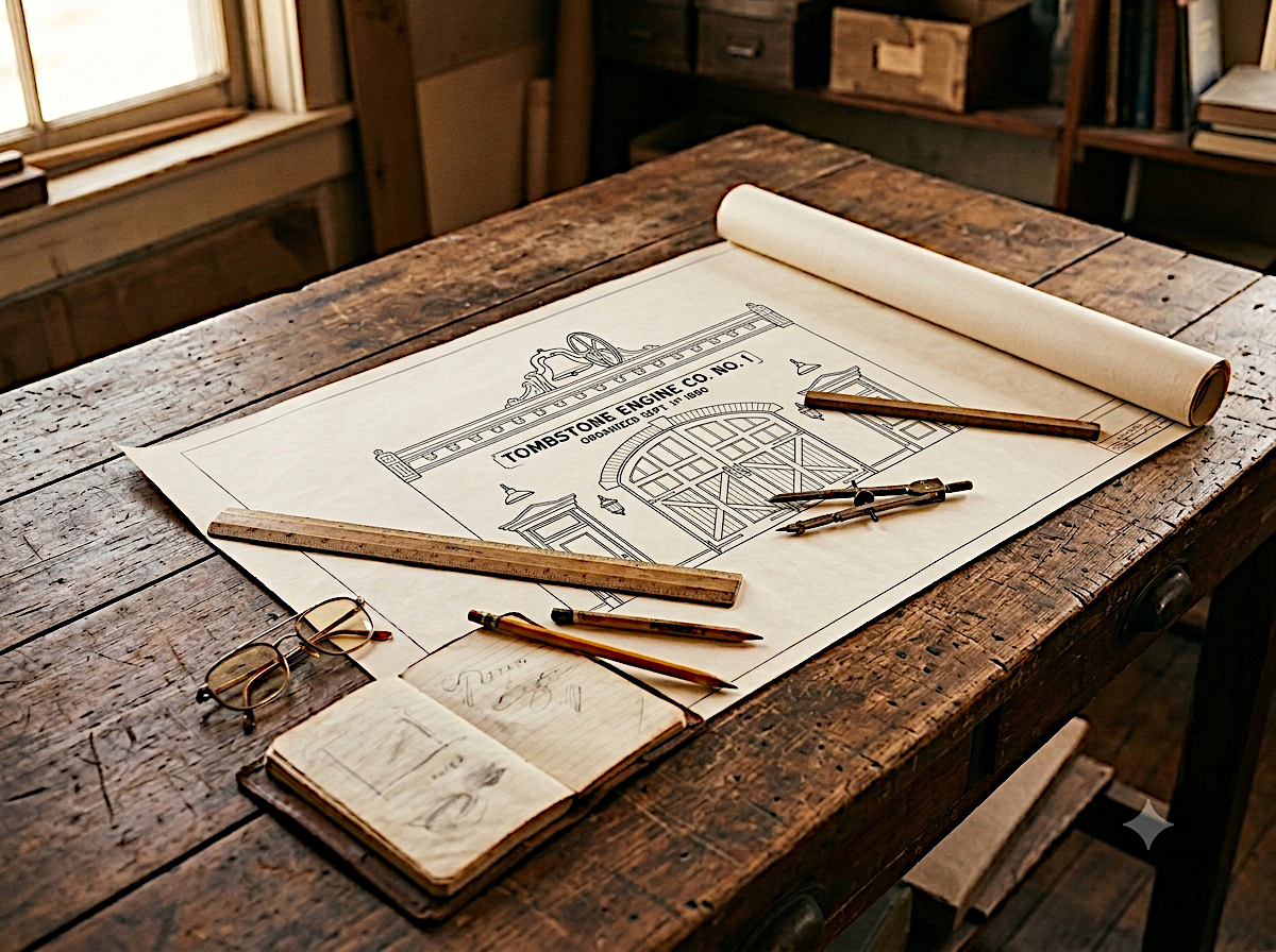 Architectural blueprints and drafting tools laid out on a work table, representing restoration project planning