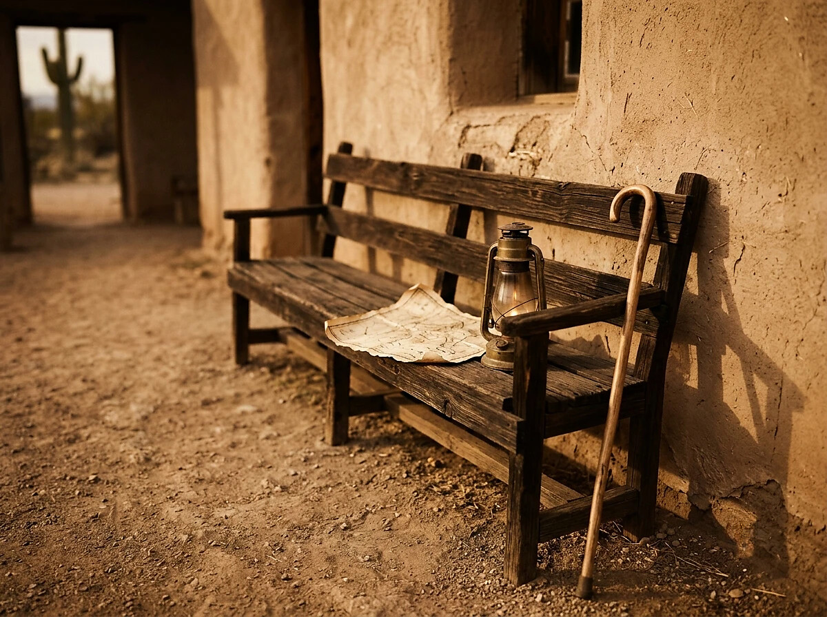 Wooden bench outside a historic building holding a folded map, a brass lantern, and a walking cane